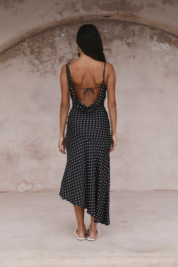 HELLO MOLLY Dotted Moment Satin Polka Dot Midi Dress Black