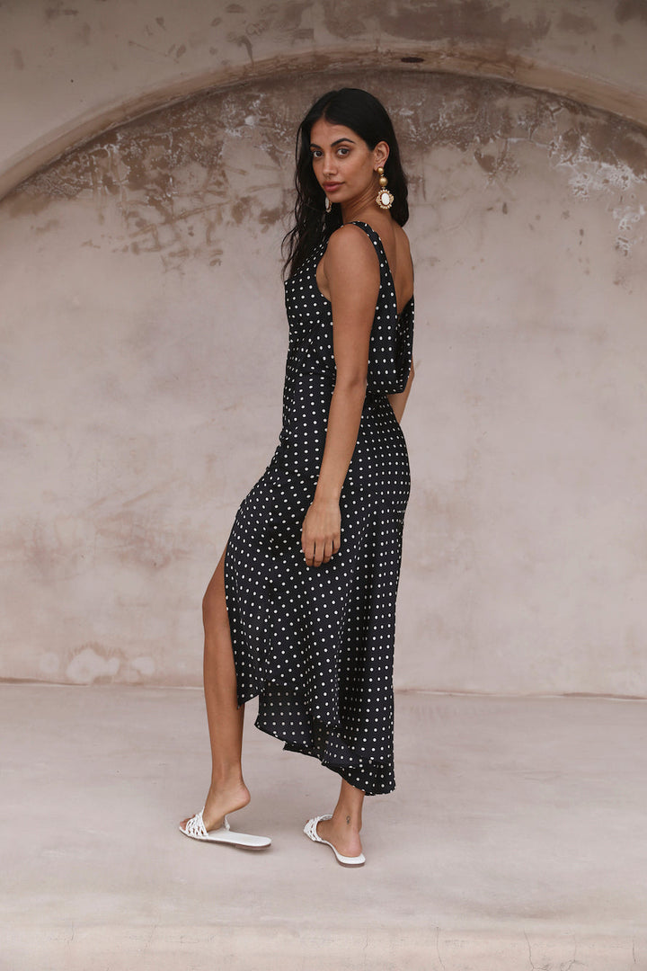 HELLO MOLLY Dotted Moment Satin Polka Dot Midi Dress Black