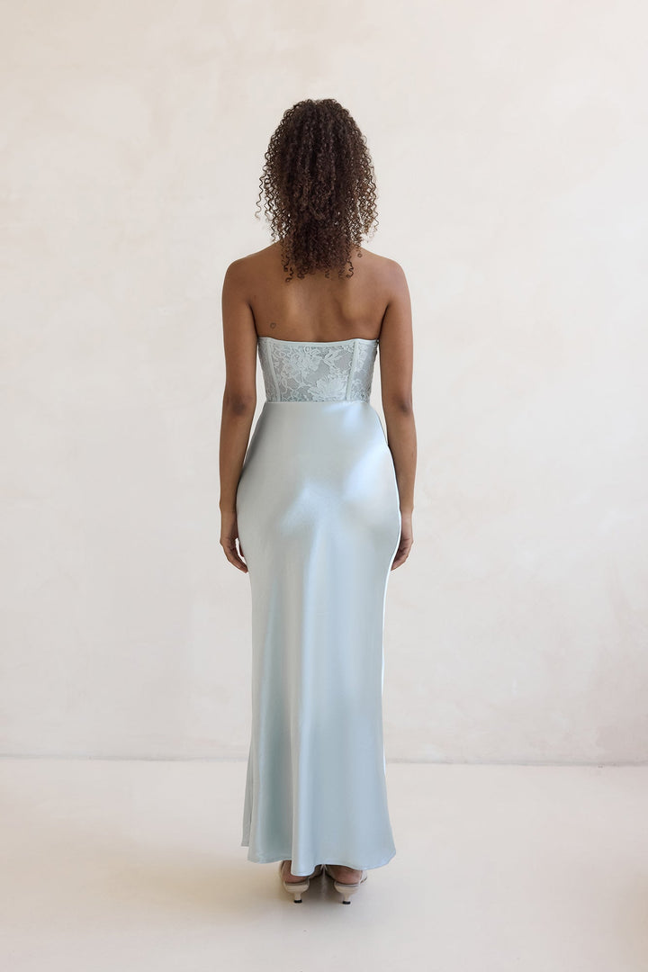 Away With You Satin Lace Strapless Maxi Dress Blue