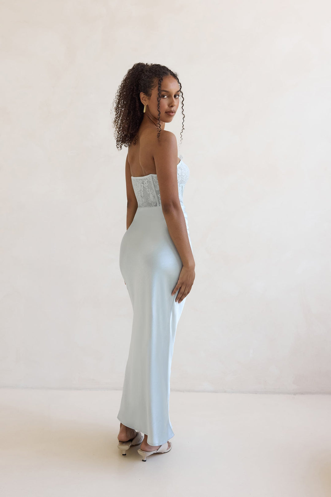 Away With You Satin Lace Strapless Maxi Dress Blue