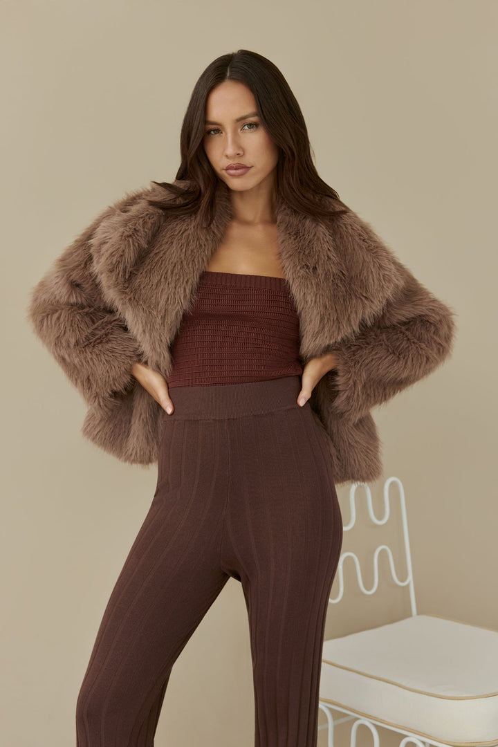 Snowflakes Falling Faux Fur Coat Brown