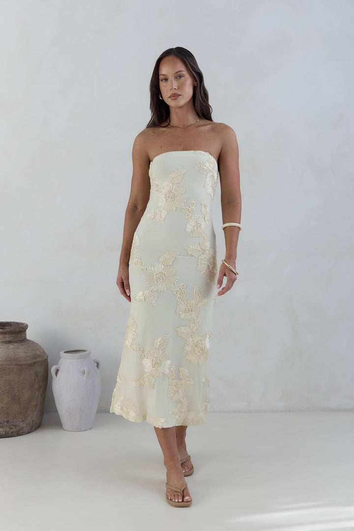 Golden Voyage Strapless Midi Dress Yellow