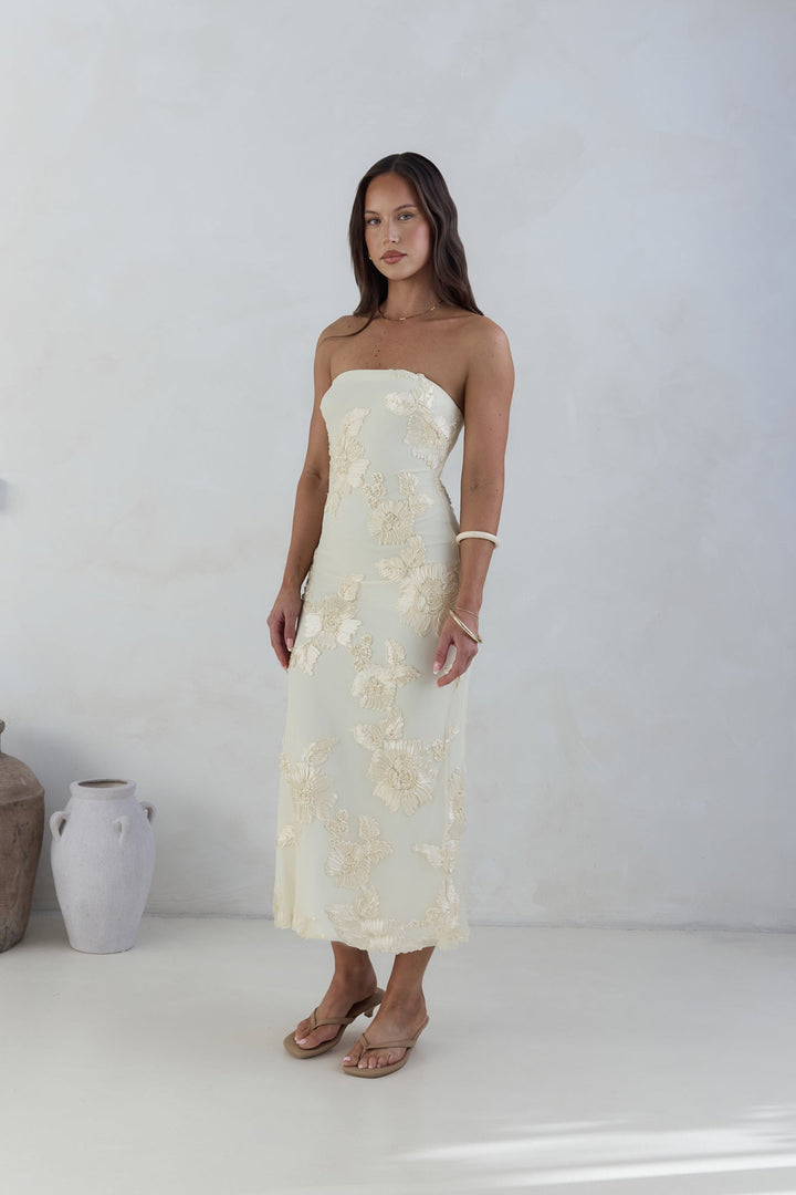 Golden Voyage Strapless Midi Dress Yellow
