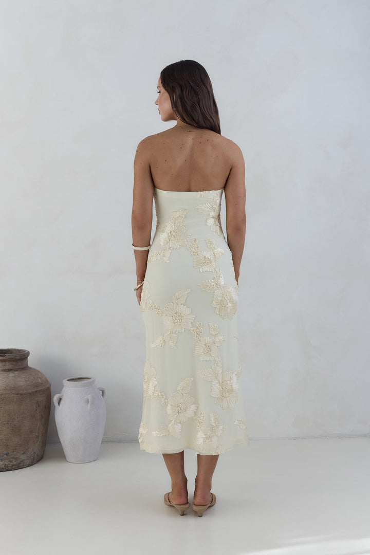 Golden Voyage Strapless Midi Dress Yellow