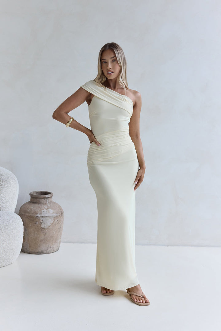 Kiss The Moon One Shoulder Mesh Maxi Dress Lemon