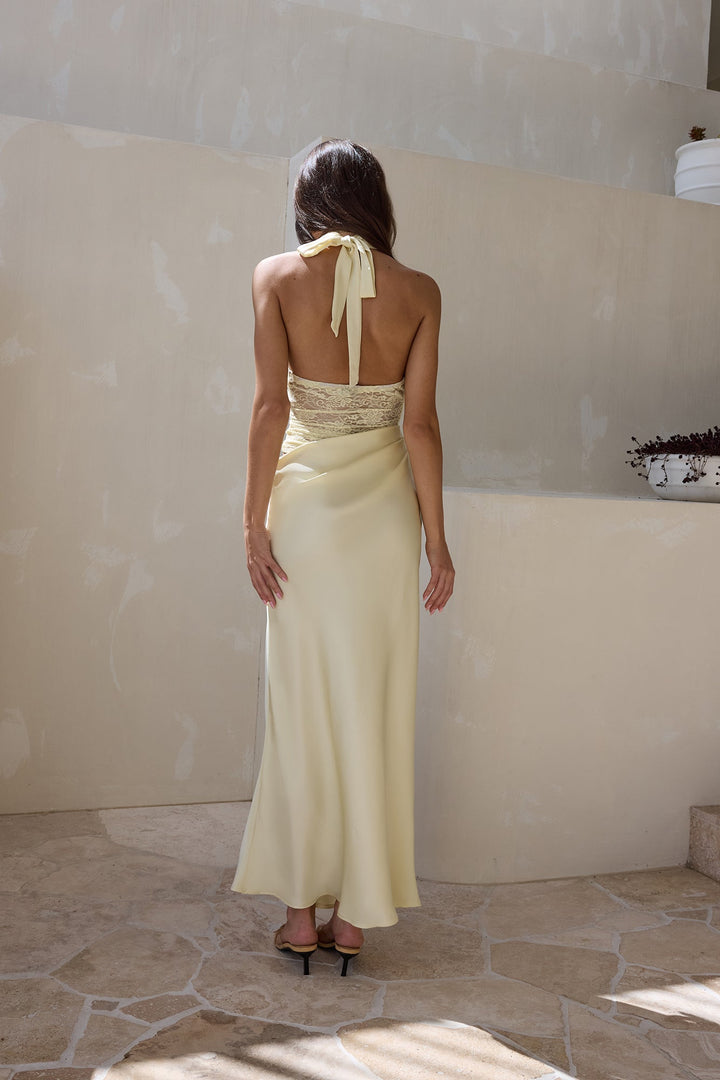 Call Me Yours Lace Halter Satin Maxi Dress Lemon