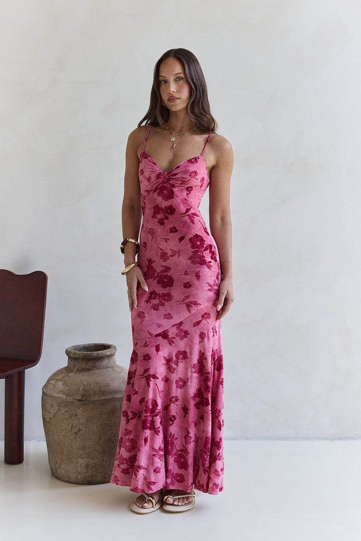 Bed Of Flowers Mesh Maxi Dress Pink